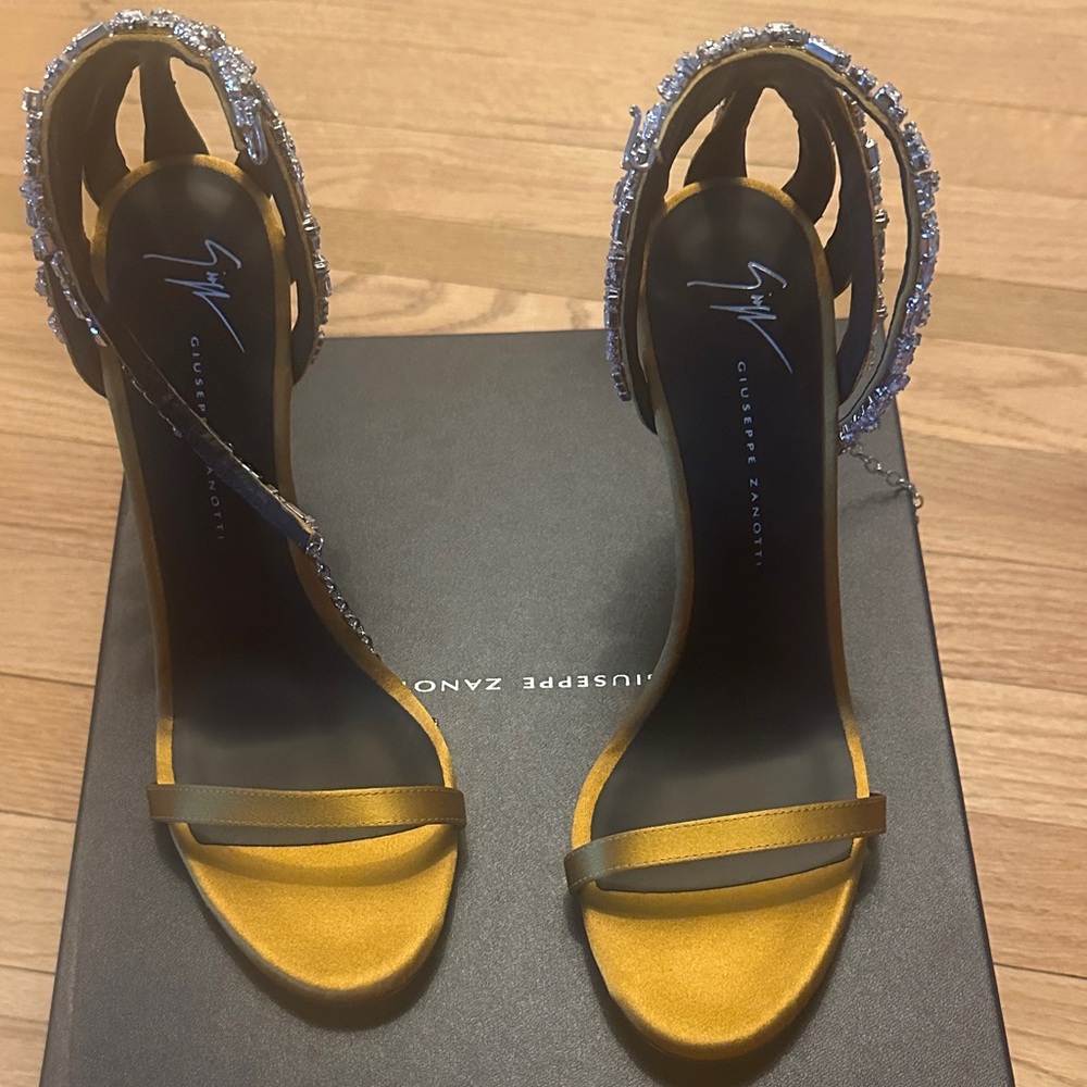 Giuseppe Zanotti Gold Satin Heels with Silver Embellishments